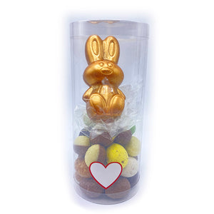 Gouden chocolade konijntje met 250 gram paaseitjes - Macaronstore.nl